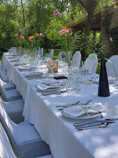 Feestelijk gedekte lange tafel in de tuin